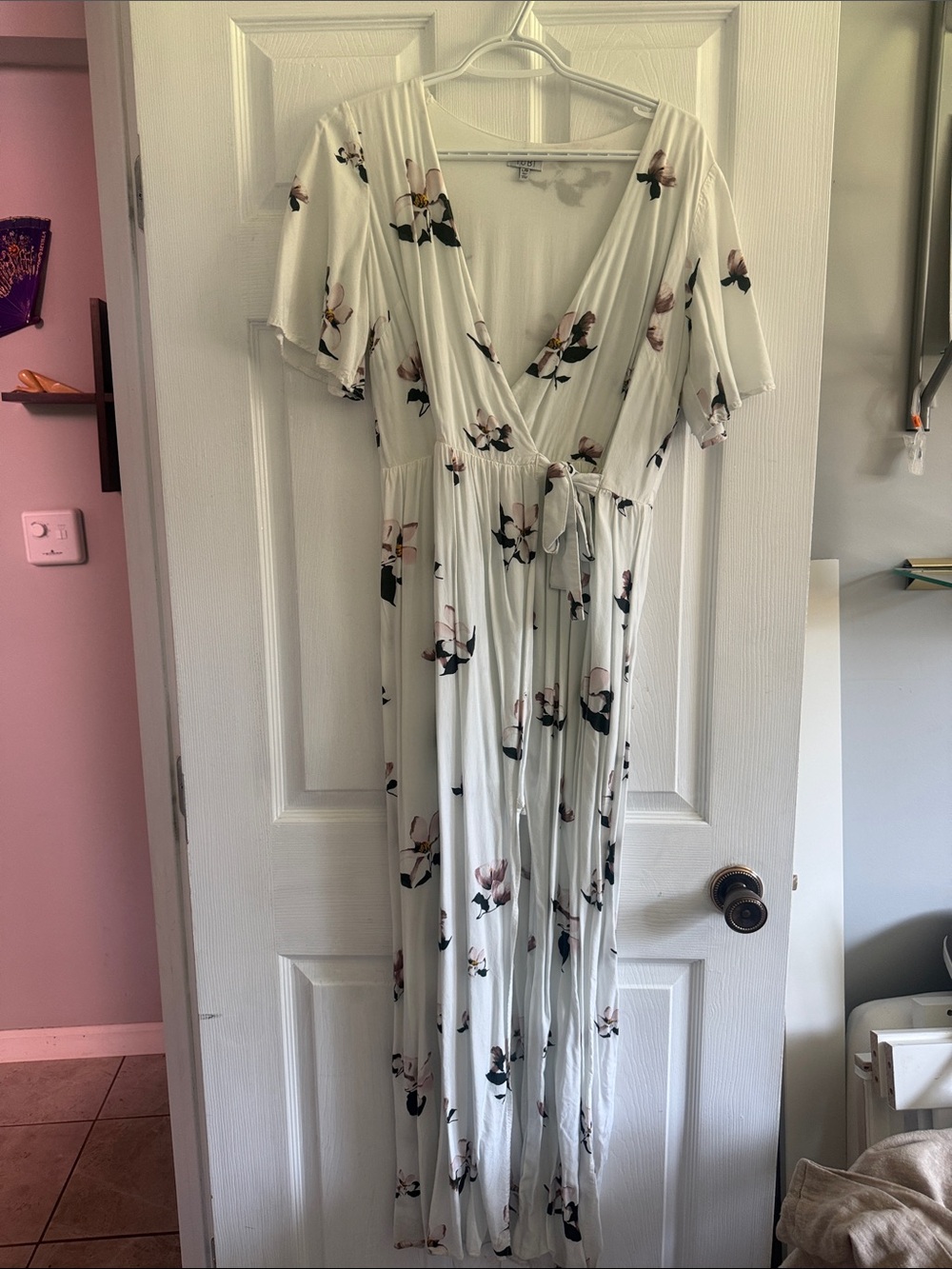 Tobi White Floral Wrap Maxi Dress with Pink Blossoms